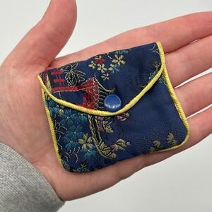 Vintage Hong Kong‎ Navy Blue Floral Brocade Snap Coin Purse Jewelry Pouch Mini